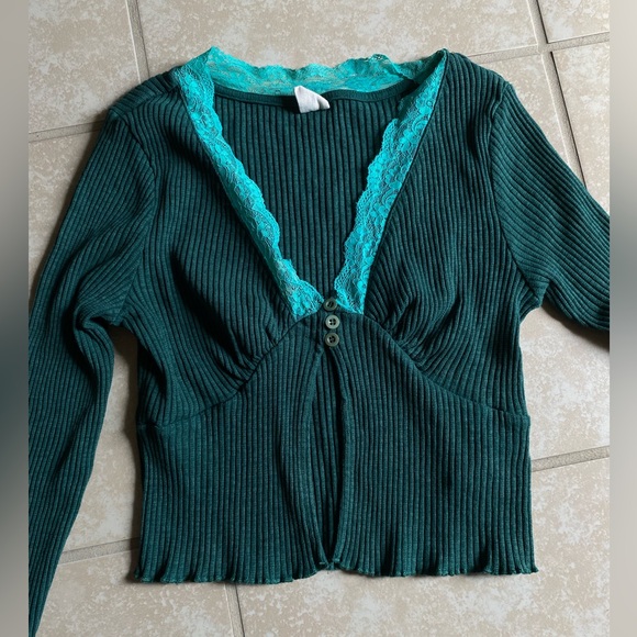 Urban outfitters dark green with a teal lace half button up top. - Picture 14 of 16